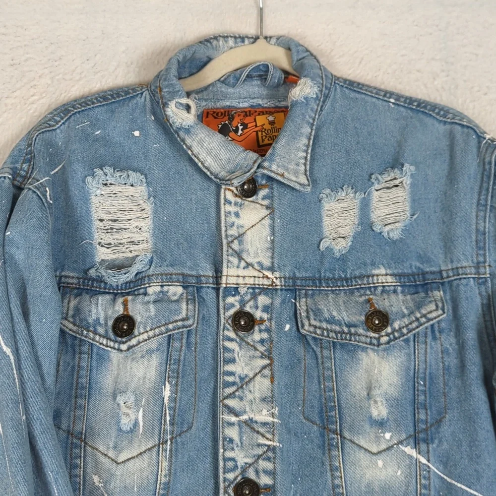 Rolling Paper Women's Blue Distressed Paint Flecked Denim Jacket Size‎ M - Picture 3 of 8